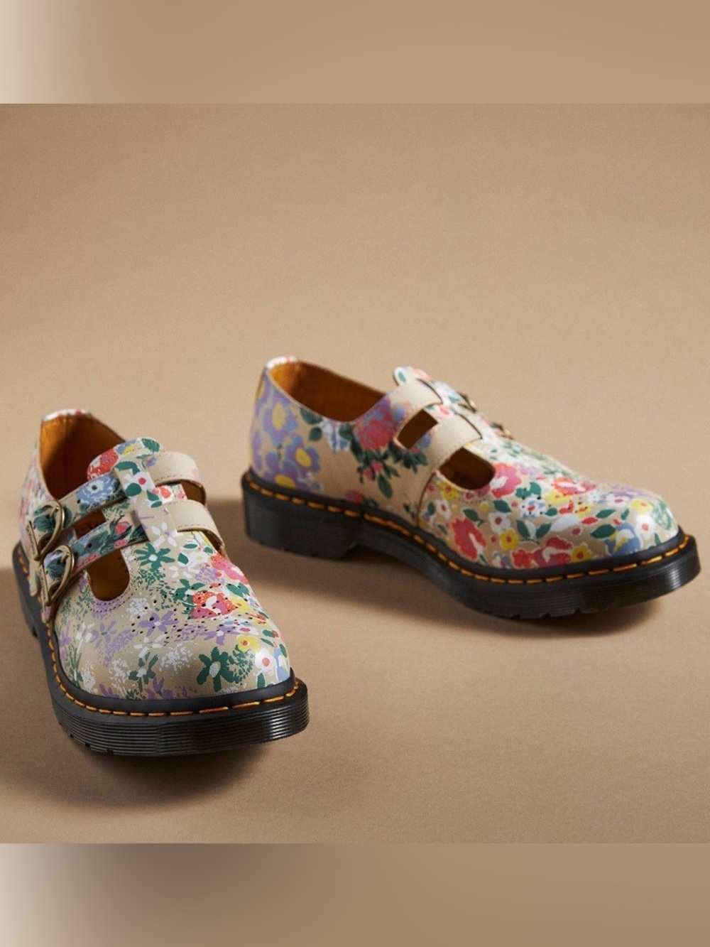 Dr. Martens 8065 Floral Mash Up Leather Mary Jane Shoes Parchment Beige Backhand